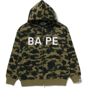 1st Camo Bape Logo Rhinestone Relaxed Fit Full ZIP Green Hoodie