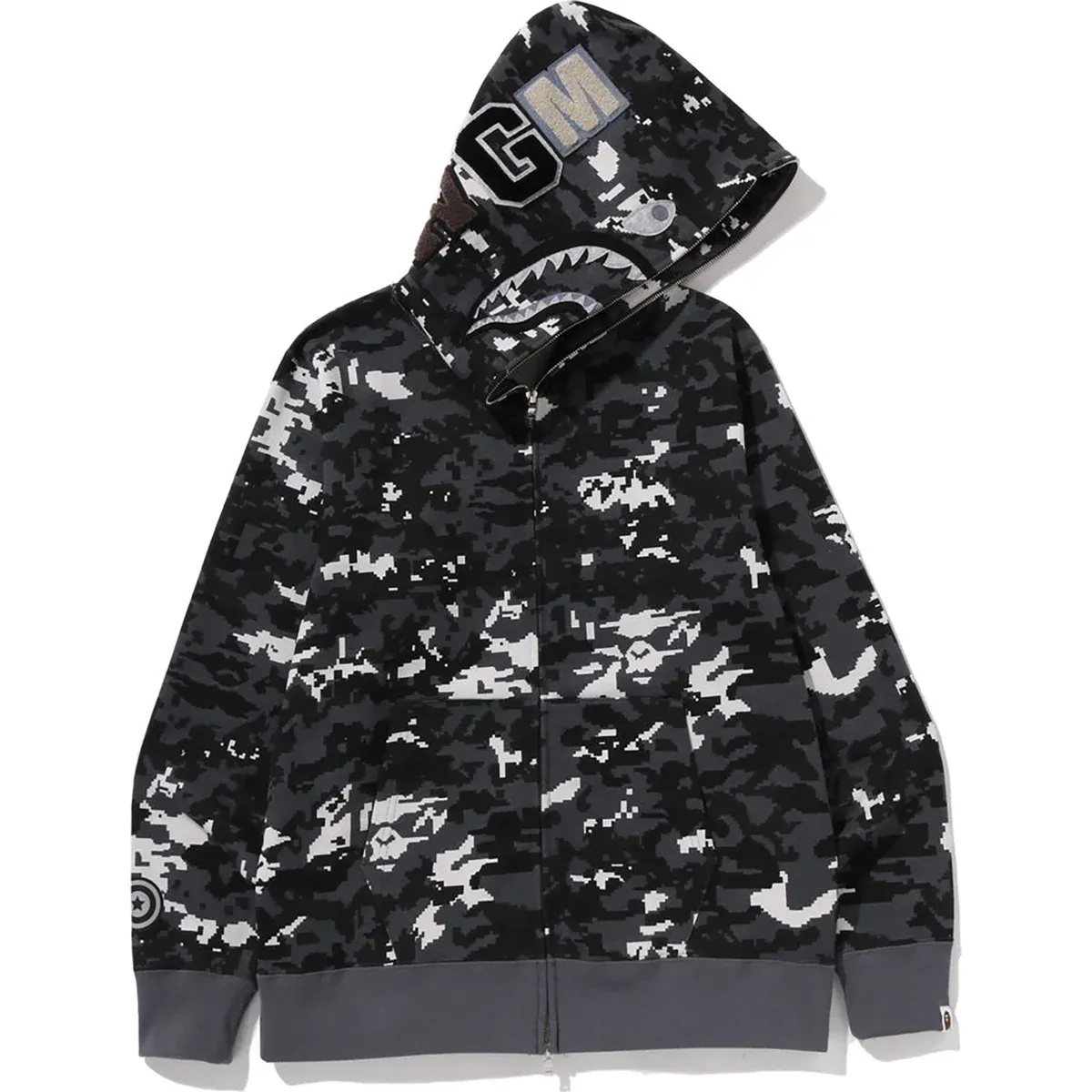 Multi Pixel Camo Shark Regular Fit Full ZIP Black Hoodie