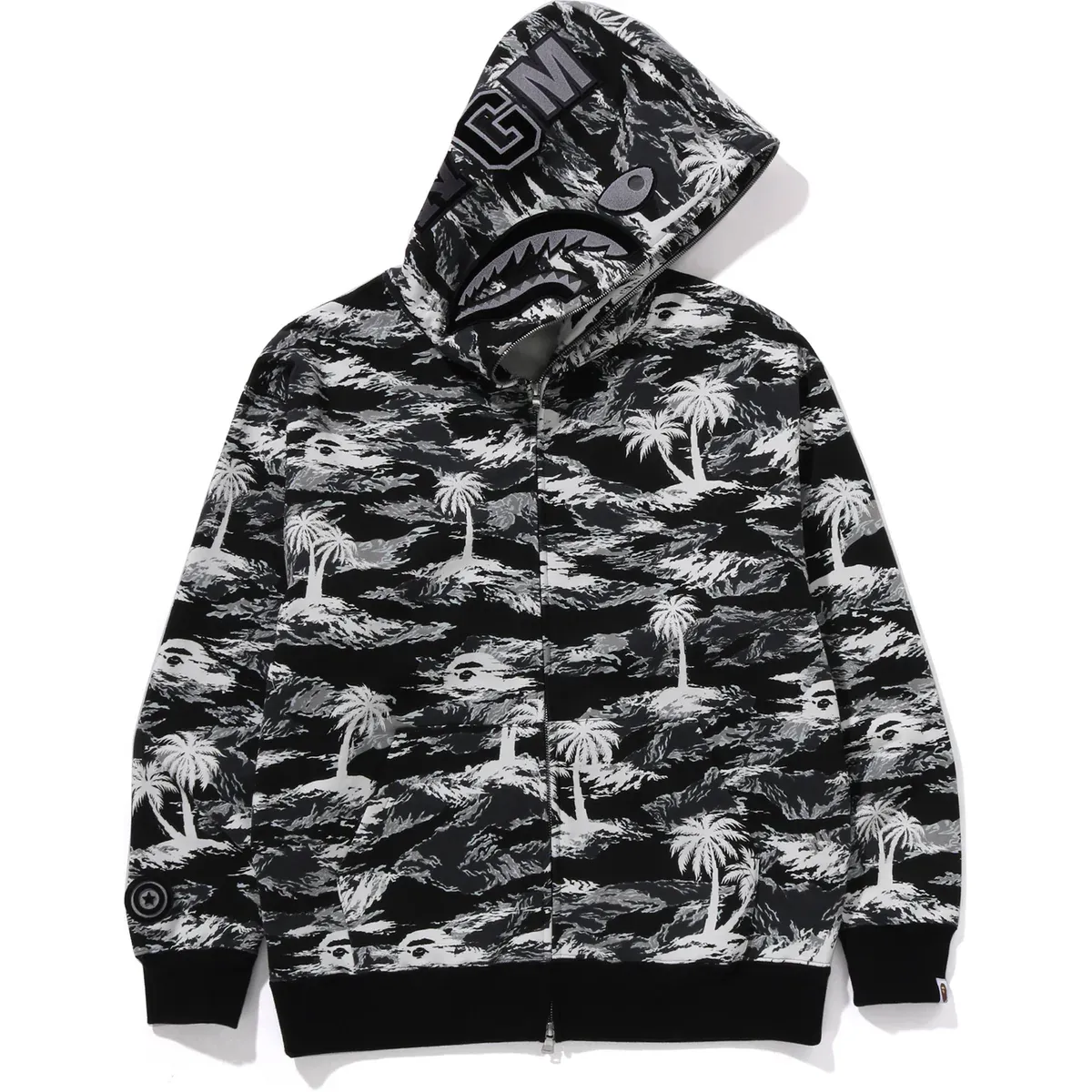 Palm Tree Camo Relaxed Fit Shark Full ZIP Black Hoodie