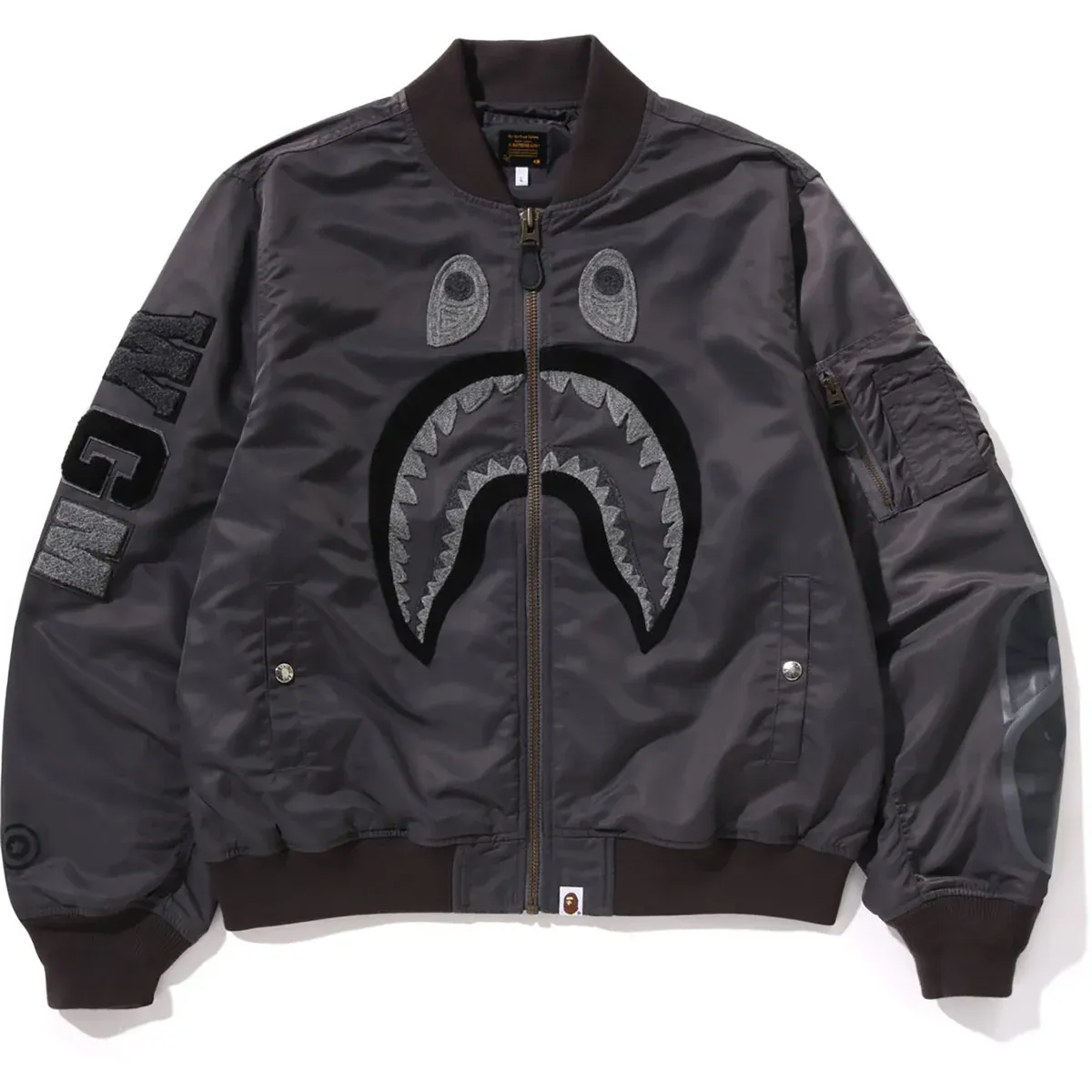 Tonal Chain Stitch Shark Black Bomber Jacket