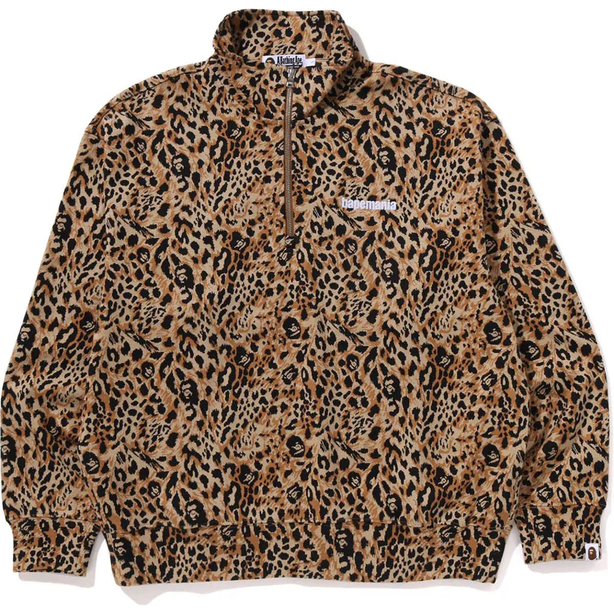 Wild Leopard Pattern Relaxed Fit Half ZIP Beige Sweatshirt